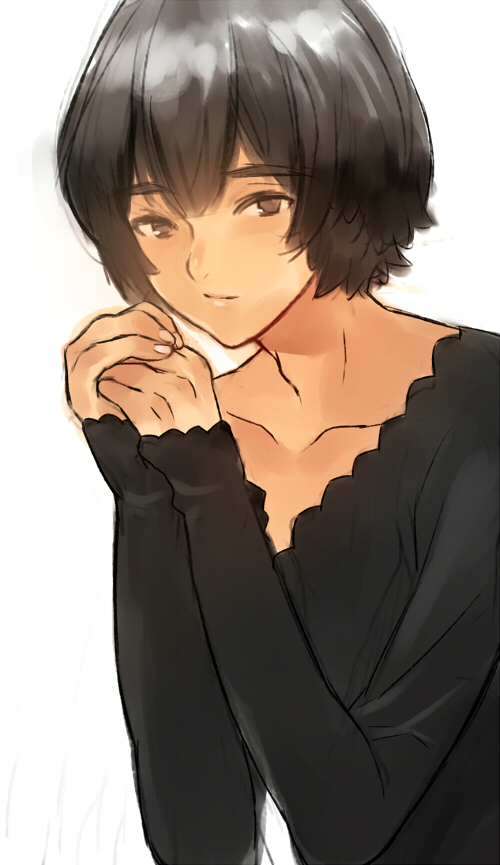 black_shirt bob_cut brown_eyes brown_hair coin_rand collarbone crossdressing fingernails futari_no_story hands_clasped long_sleeves male_focus own_hands_together shirt simple_background sleeves_past_wrists solo v-neck white_background yuki_(singer)