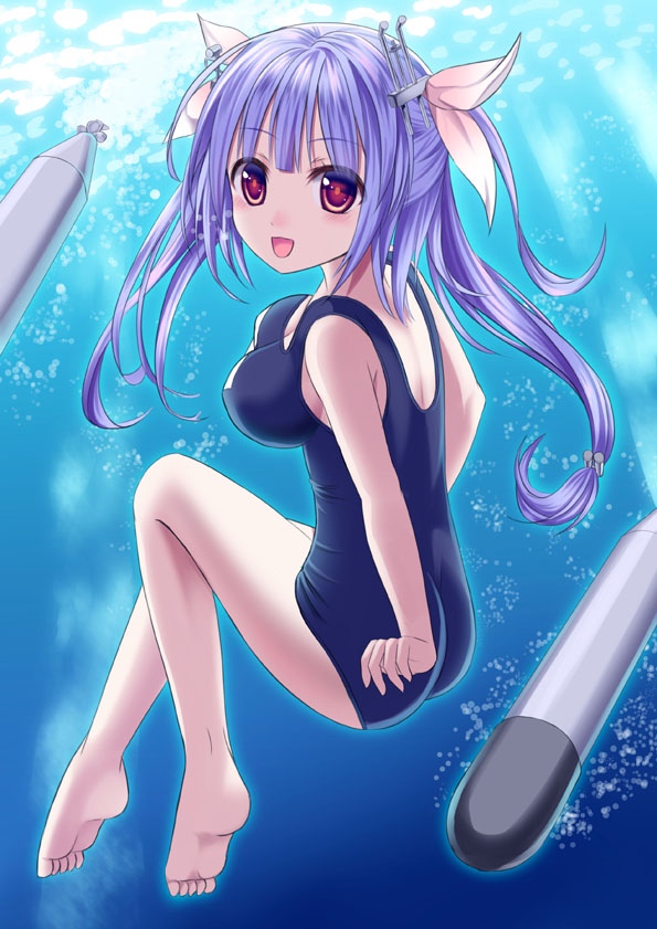 :d barefoot blue_hair breasts i-19_(kantai_collection) kantai_collection large_breasts long_hair looking_back one-piece_swimsuit open_mouth red_eyes school_swimsuit smile swimsuit tsukino_neru twintails underwater