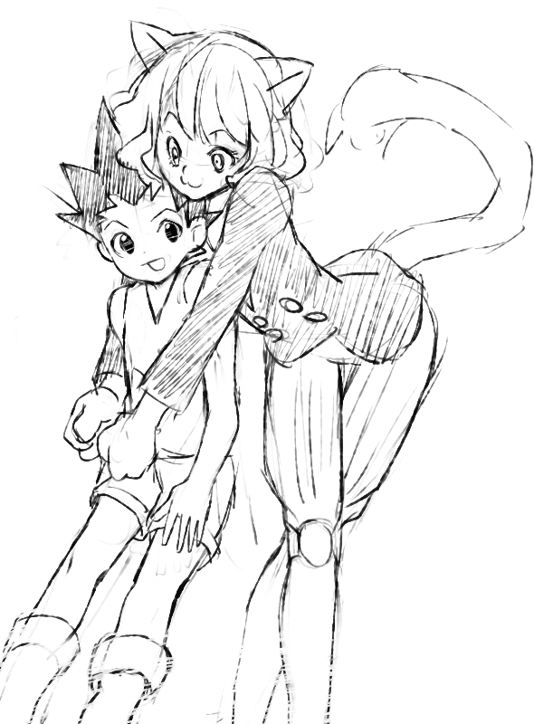 :3 animal_ears boots cat_ears catboy coin_rand crossed_legs doll_joints gon_freecss greyscale height_difference hug hunter_x_hunter leaning_on_person legs long_hair long_sleeves monochrome multiple_boys neferpitou pointy_hair shorts simple_background sketch standing tail tank_top waistcoat wavy_hair white_background