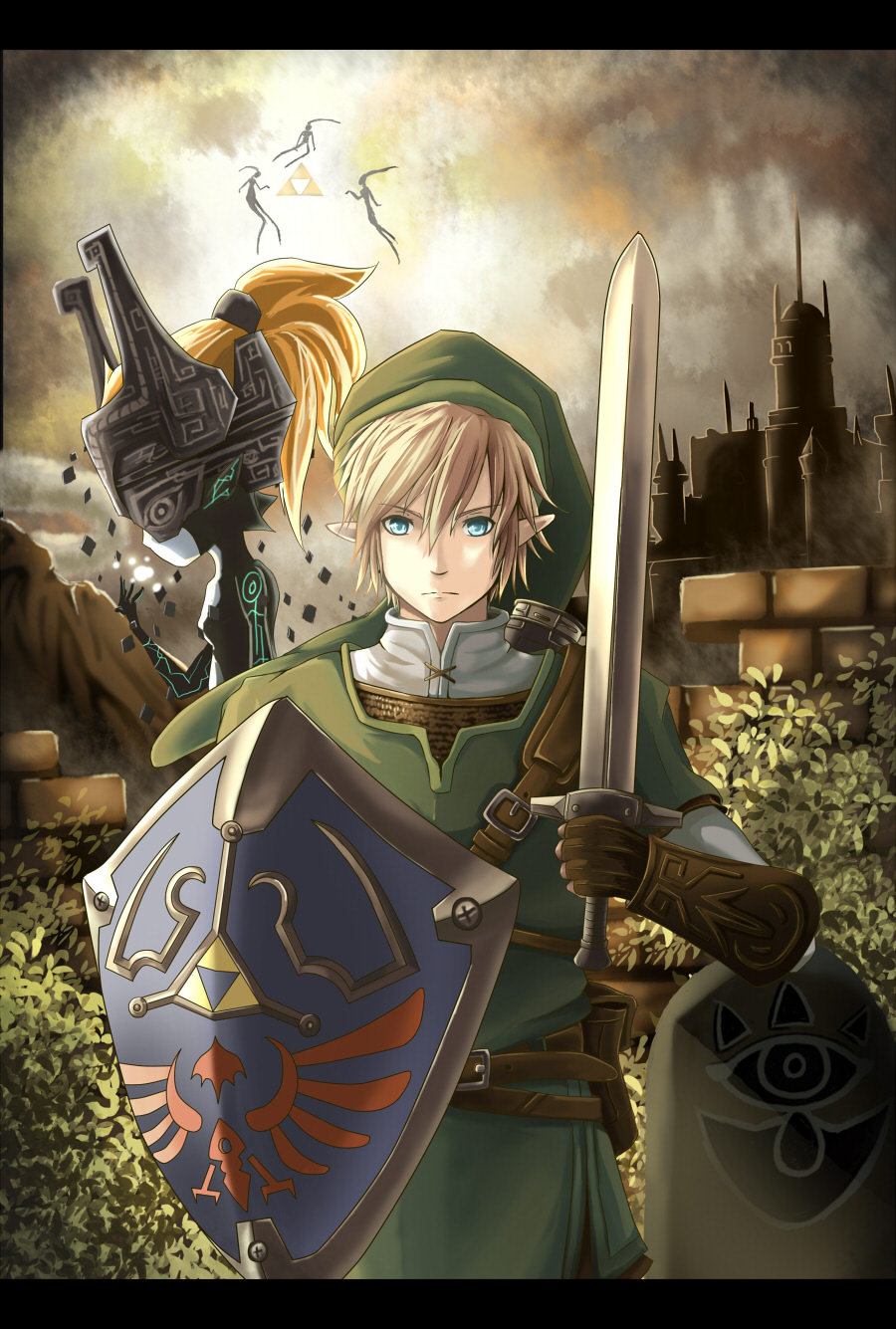 1girl blonde_hair blue_eyes castle fiction_(forged) gloves hat helmet highres holding holding_sword holding_weapon left-handed link long_hair midna orange_hair pointy_ears shield sword the_legend_of_zelda the_legend_of_zelda:_twilight_princess triforce weapon