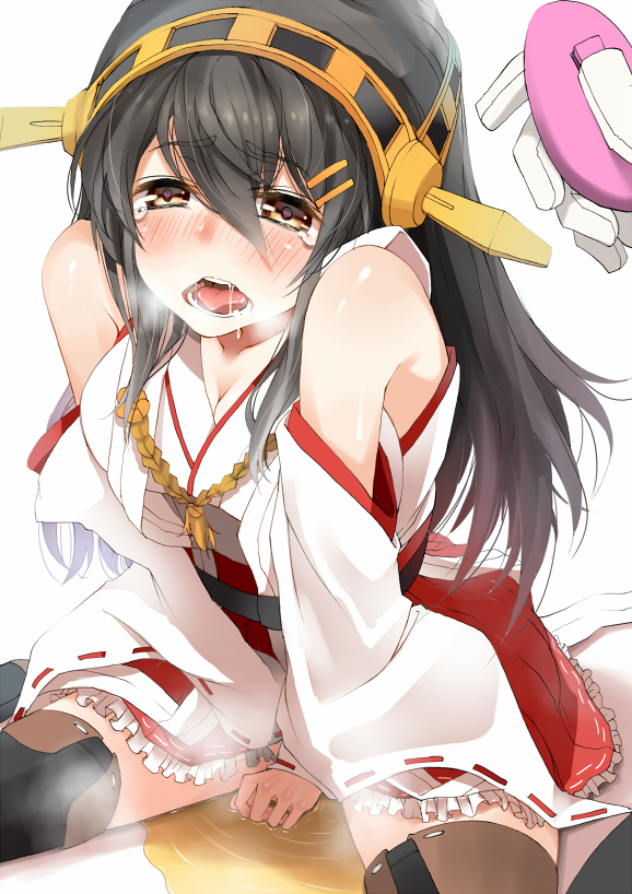 bad_id bad_pixiv_id banned_artist bare_shoulders black_hair black_legwear blush breasts breath brown_eyes detached_sleeves hairband haruna_(kantai_collection) japanese_clothes kantai_collection kitsuneko_azarashi large_breasts long_hair looking_at_viewer open_mouth pee peeing peeing_self saliva sitting skirt solo steam tears thighhighs wariza