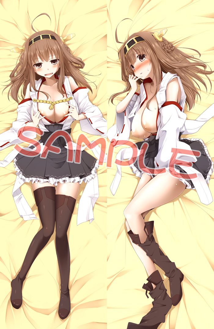 ahoge bare_shoulders bed_sheet black_legwear blush boots breasts brown_hair dakimakura detached_sleeves frilled_skirt frills hair_ornament headgear japanese_clothes kantai_collection kongou_(kantai_collection) kurikara large_breasts legs long_hair lying multiple_views nipples nontraditional_miko on_back on_side open_clothes open_mouth open_shirt ribbon-trimmed_sleeves ribbon_trim sample shirt shoe_dangle skirt thigh_boots thighhighs undressing