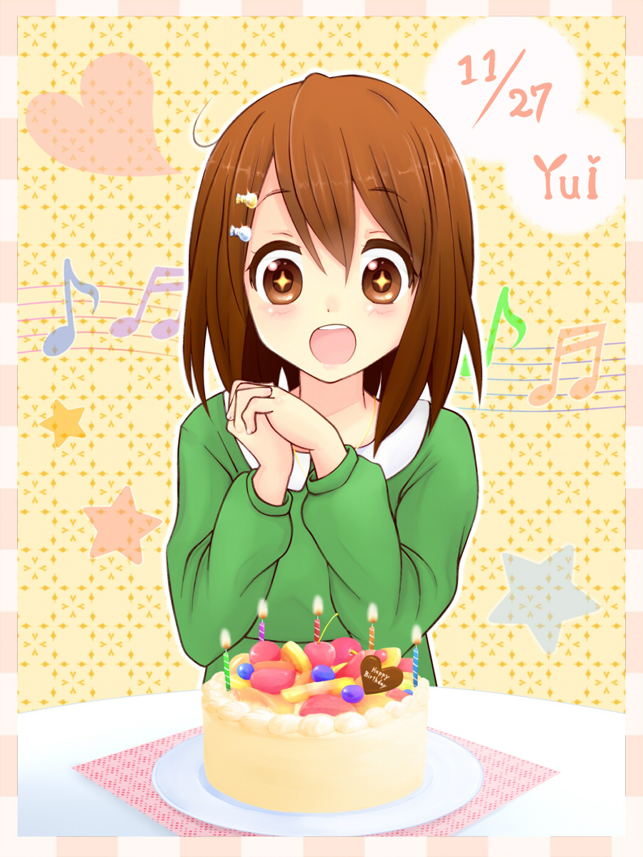 1girl birthday_cake brown_eyes brown_hair cake candle eighth_note english food hands_clasped happy_birthday heart highres hirasawa_yui k-on! musical_note open_mouth own_hands_together plate round_teeth short_hair solo star table tansan_tom teeth