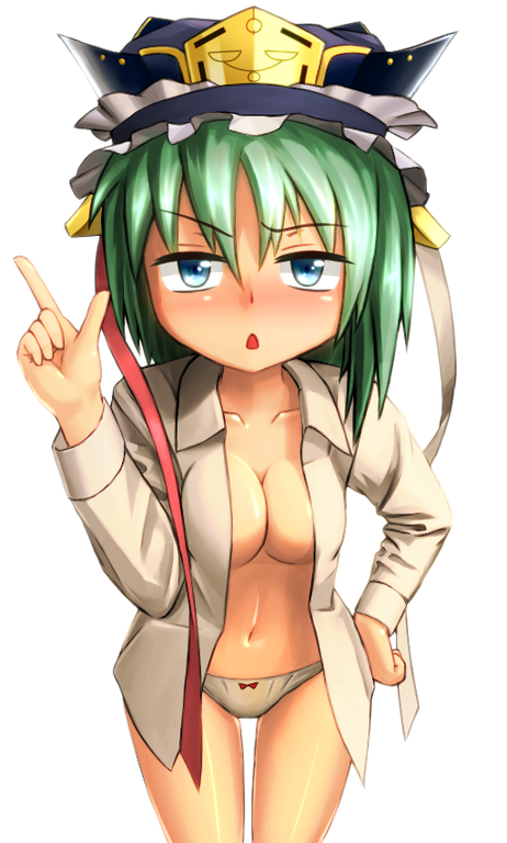 blue_eyes blush bow bow_panties breasts cleavage crown dress_shirt green_hair hand_on_hip index_finger_raised large_breasts no_bra no_pants open_clothes open_shirt panties ribbon shiki_eiki shiny shiny_shinx shiny_skin shirt solo touhou triangle_mouth underwear white_panties