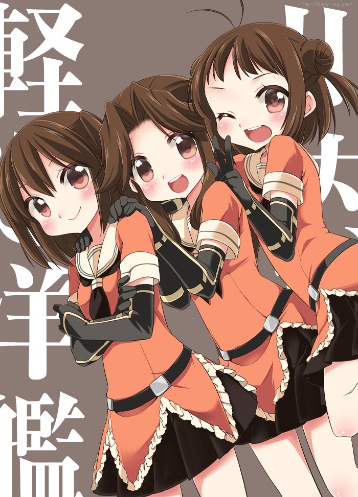 antenna_hair brown_eyes brown_hair crossed_arms double_bun elbow_gloves gloves hands_on_another's_shoulders jintsuu_(kantai_collection) kantai_collection koruri looking_at_viewer multiple_girls naka_(kantai_collection) one_eye_closed open_mouth sendai_(kantai_collection) smile