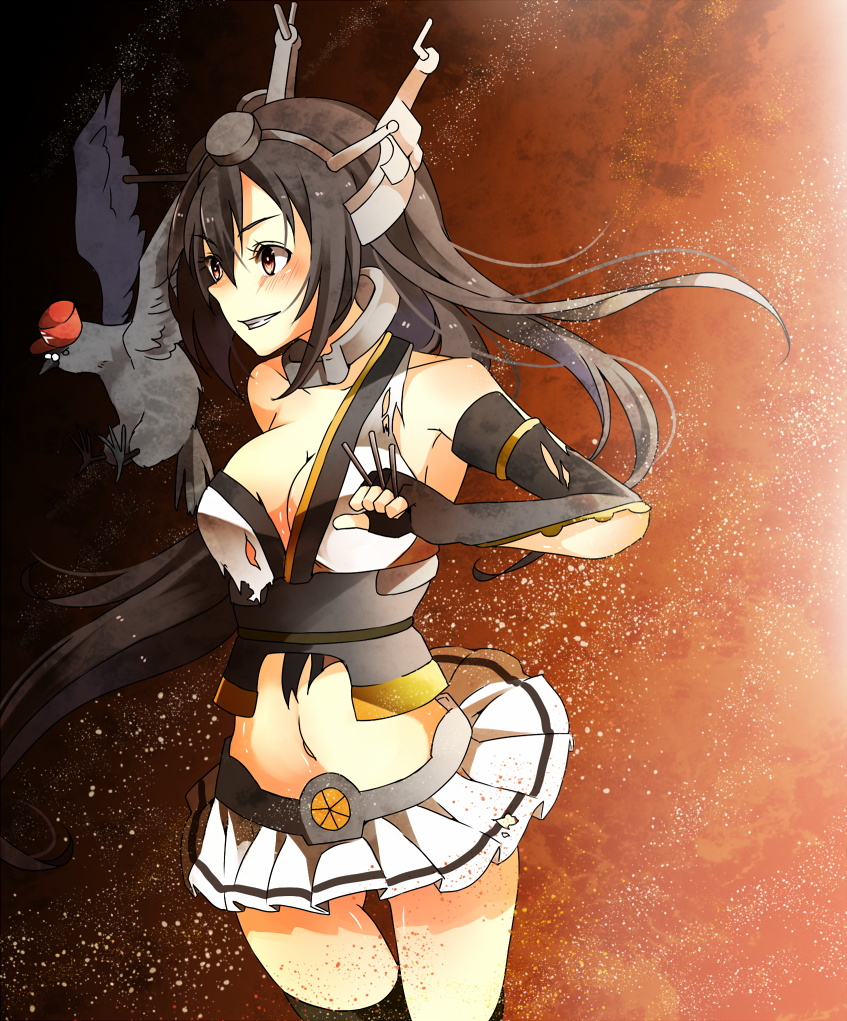 bad_id bad_pixiv_id bird black_hair breasts crow elbow_gloves food gloves headgear kantai_collection large_breasts long_hair mashiro_aa nagato_(kantai_collection) pocky red_eyes thighhighs