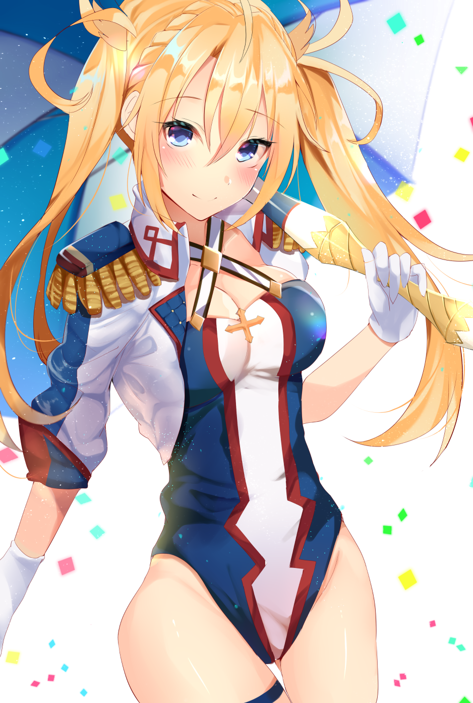 1girl ashino blonde_hair blue_eyes blue_leotard blush bradamante_(fate/grand_order) breasts cleavage cowboy_shot eyebrows_visible_through_hair fate/grand_order fate_(series) floating_hair gloves groin hair_between_eyes halterneck highres holding holding_umbrella leotard long_hair looking_at_viewer medium_breasts race_queen shiny shiny_hair shiny_skin smile solo standing thigh_strap twintails umbrella white_gloves