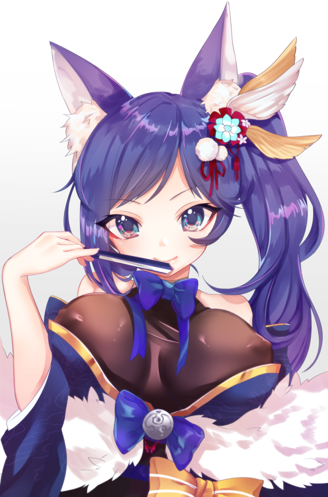 animal_ear_fluff animal_ears azur_lane bangs bare_shoulders bell black_shirt blue_bow blue_eyes blue_hair blue_kimono bow breasts closed_fan covered_nipples fan flower folding_fan fur_trim hair_flower hair_ornament halterneck holding holding_fan japanese_clothes jingle_bell jintsuu_(azur_lane) kimono large_breasts long_hair looking_at_viewer nekomiya_noru_(yuduki710) off_shoulder ponytail see-through shirt side_ponytail smile solo swept_bangs upper_body wide_sleeves