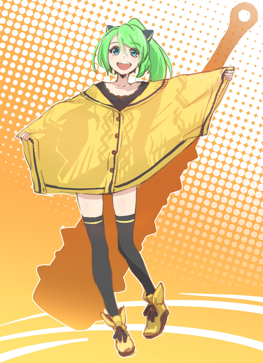animal_ears bad_id bad_pixiv_id black_legwear cat_ears fang green_eyes green_hair highres long_hair open_mouth original outstretched_arms poncho ponytail smile solo thighhighs yahako