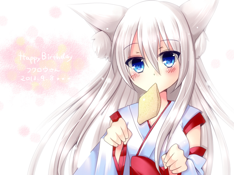 animal_ears blue_eyes blush borrowed_character dated detached_sleeves elvy_frost fox_ears happy_birthday japanese_clothes long_hair looking_at_viewer meiya_neon miko mouth_hold original solo white_hair