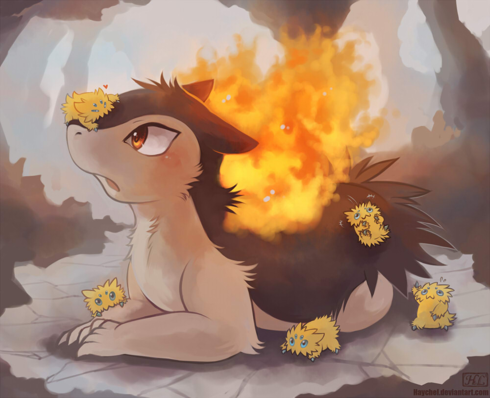 fire fur gen_2_pokemon gen_5_pokemon haychel heart joltik no_humans pokemon pokemon_(creature) quilava red_eyes