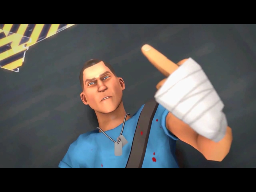 2013 blood blue_eyes clothing hair hair_brown human looking_at_viewer male open_mouth scout_(team_fortress_2) shirt solo team_fortress_2 teeth