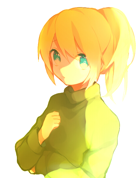 bad_id bad_pixiv_id blonde_hair blue_eyes expressionless green_shirt hand_on_own_chest long_hair me_(1005646017) poniko ponytail shirt solo sweater yume_nikki