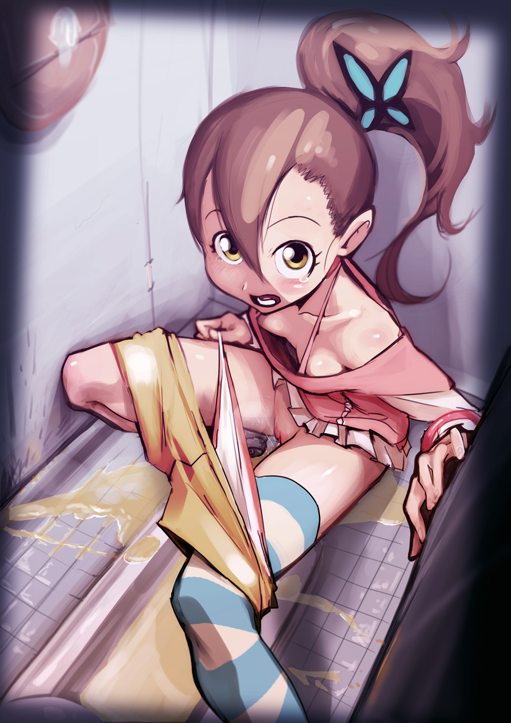 1girl bare_shoulders blush breasts brown_hair butterfly_hair_ornament choker chousoku_henkei_gyrozetter cleavage down_blouse downblouse hair_ornament highres inaba_rinne long_hair long_sleeves looking_at_viewer looking_up messy monsoon open_mouth panties panty_pull peeing peeing_self photoshop pussy ribbon_choker shorts shorts_pull side_ponytail single_thighhigh solo squat_toilet squatting striped striped_legwear tears thighhighs toilet uncensored underwear yellow_eyes