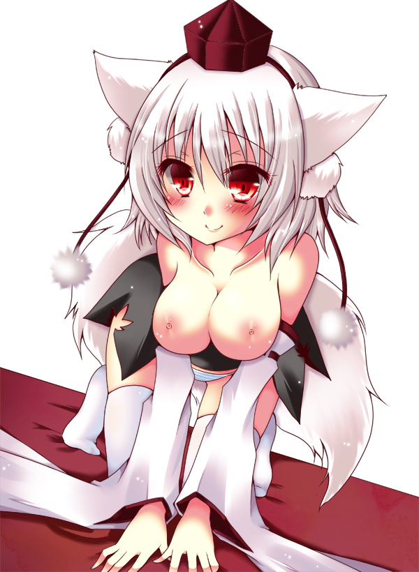 all_fours animal_ears bad_id bad_pixiv_id blush breasts cleavage hat inubashiri_momiji large_breasts meiya_neon nipples panties red_eyes smile solo striped striped_panties tail tokin_hat topless touhou underwear white_hair wide_sleeves wolf_ears wolf_tail