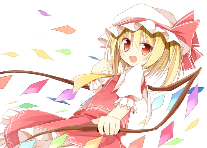 blonde_hair bow fang flandre_scarlet hat hat_bow red_eyes side_ponytail solo touhou wings yuuhagi_(amaretto-no-natsu)