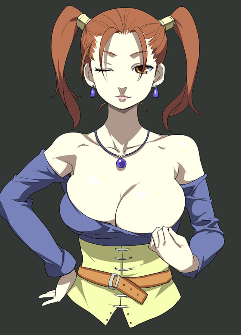 1girl belt breasts brown_hair bursting_breasts cleavage collar collarbone dragon_quest dragon_quest_viii earrings ears huge_breasts jessica_albert jewelry lipstick makeup necklace nora_higuma shirt_pull smile solo twintails wink