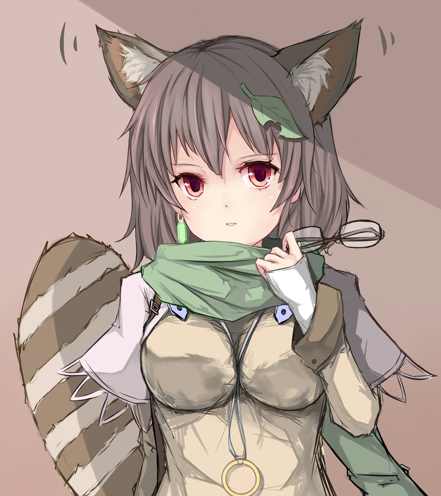 animal_ears brown_hair eyewear_removed futatsuiwa_mamizou glasses holding holding_eyewear impossible_clothes impossible_shirt jewelry leaf leaf_on_head raccoon_ears raccoon_tail red_eyes scarf shirt single_earring tail touhou vils