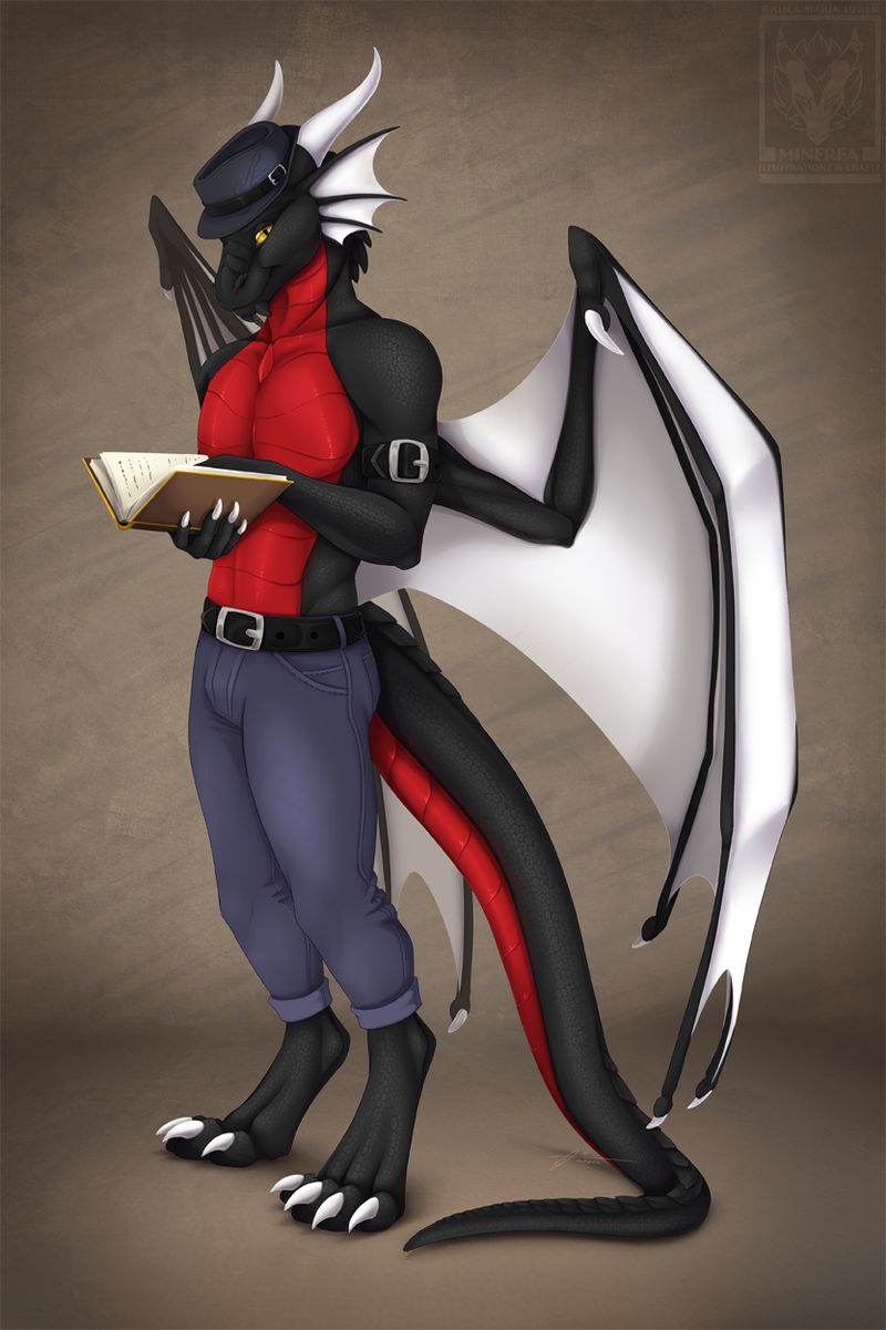 2019 4_toes anthro barefoot black_scales digital_media_(artwork) digitigrade dragon horn male membranous_wings minerea scales scalie smile solo standing toes western_dragon wings yellow_eyes