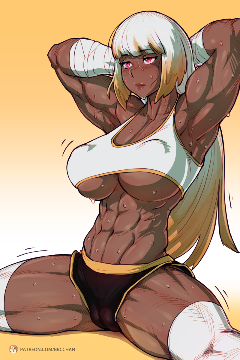 abs armpits arms_behind_head arms_up bangs bbc-chan black_shorts blonde_hair blunt_bangs bob_cut borrowed_character breasts cameltoe commentary dark_skin english_commentary erect_nipples exercise eyebrows_visible_through_hair freckles hand_wraps highres large_breasts lips multicolored_hair muscle muscular_female navel original red_eyes short_hair short_shorts shorts sit_up solo split sports_bra spread_legs sweat thick_thighs thighhighs thighs two-tone_hair underboob white_hair white_legwear