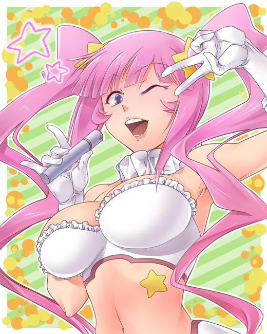 armpits bare_shoulders blue_eyes breasts choker crop_top frills gloves gundam gundam_build_fighters hair_ornament kirara_(gundam_bf) large_breasts long_hair looking_at_viewer mamoru_(pixiv) microphone midriff navel one_eye_closed open_mouth pink_hair solo star twintails v_over_eye white_gloves