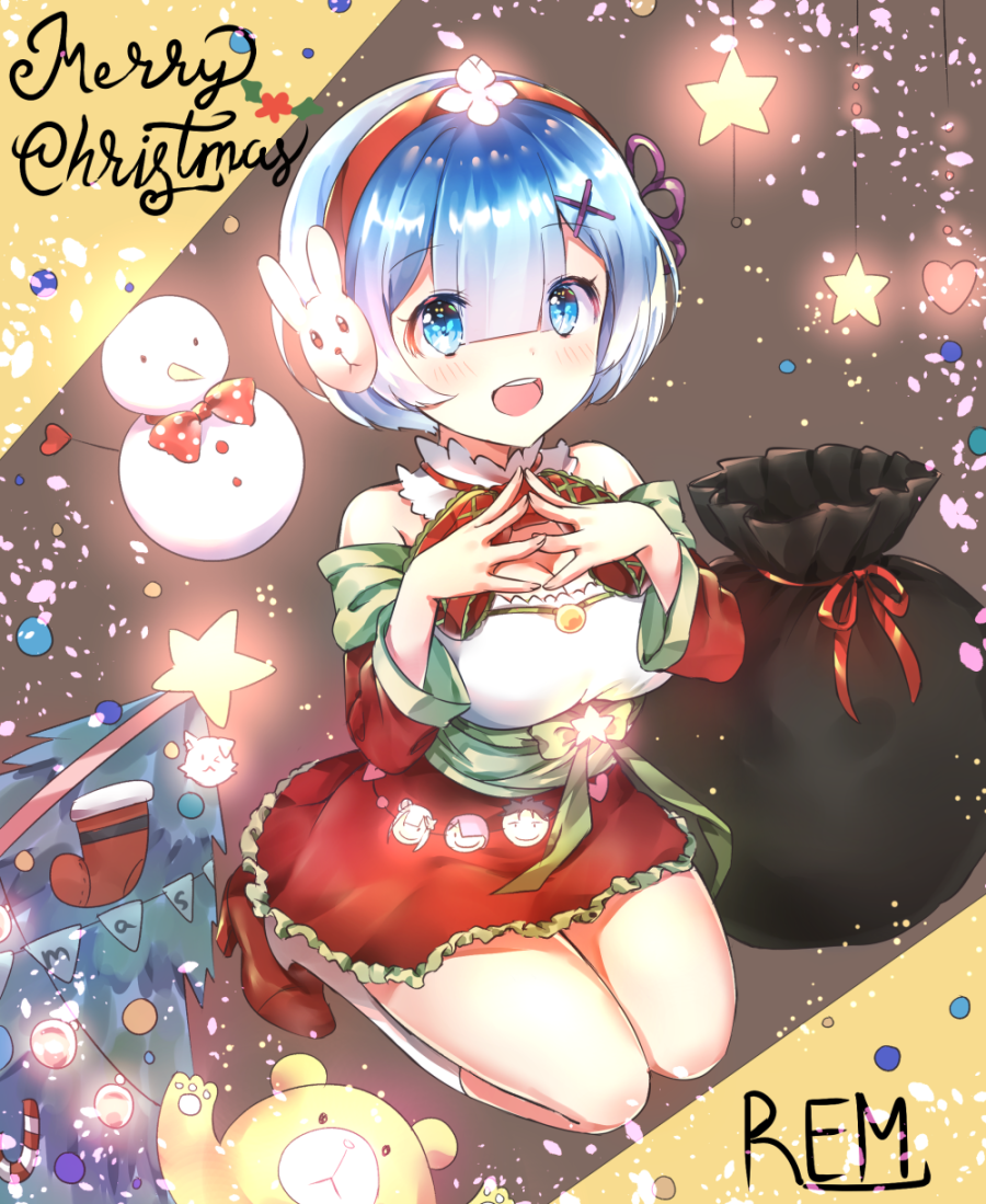 1girl :d bangs bare_shoulders blue_eyes blue_hair blush bow breasts character_name christmas_stocking christmas_tree cleavage commentary_request earmuffs eyebrows_visible_through_hair fingernails green_bow hair_between_eyes hair_ornament heart high_heels kneehighs large_breasts long_sleeves melings_(aot2846) merry_christmas open_mouth re:zero_kara_hajimeru_isekai_seikatsu red_footwear red_skirt rem_(re:zero) round_teeth sack shirt shoes skirt smile snowman solo standing steepled_fingers stuffed_animal stuffed_toy teddy_bear teeth upper_teeth white_legwear white_shirt x_hair_ornament