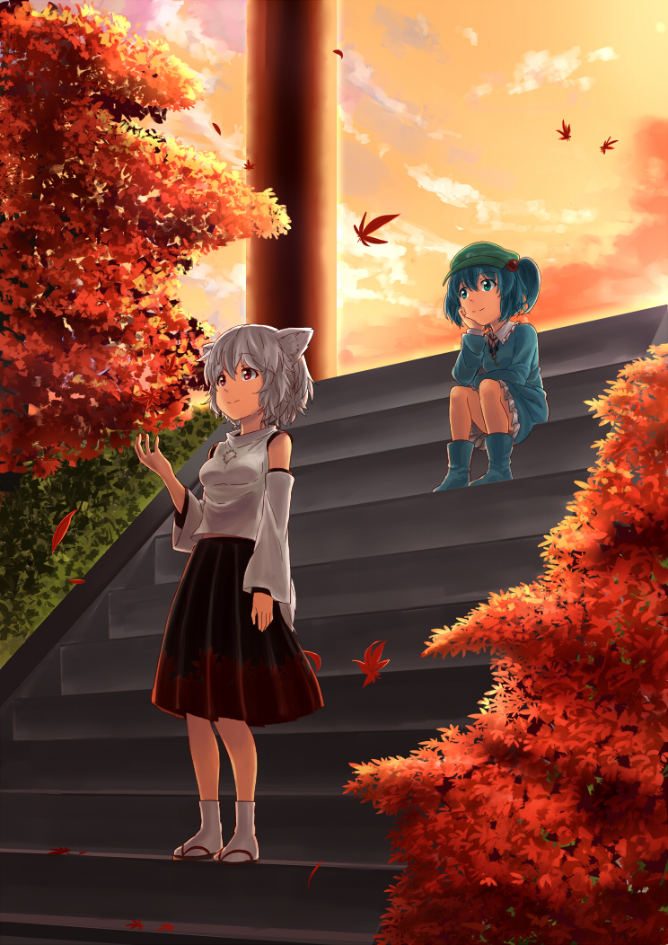 animal_ears arm_rest autumn_leaves blue_eyes blue_hair breasts detached_sleeves dress hair_bobbles hair_ornament hand_up hat head_rest kawashiro_nitori key looking_up multiple_girls no_hat no_headwear omaehadareda-uso red_eyes sandals short_hair sitting sitting_on_stairs skirt small_breasts smile stairs standing sunset tabi tail touhou tree two_side_up vest white_hair wolf_ears wolf_tail