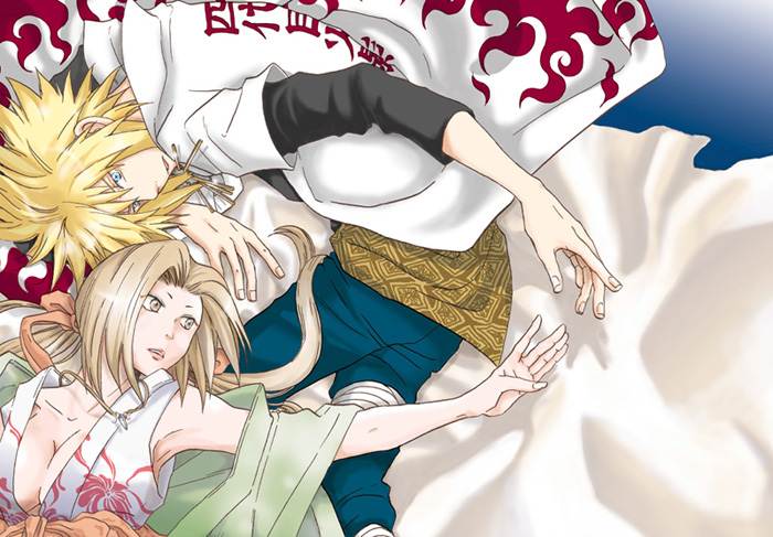 1boy 1girl blonde_hair blue_eyes brown_eyes cape jewelry lying musasabi_shirou namikaze_minato naruto necklace on_back on_side outstretched_arm tsunade