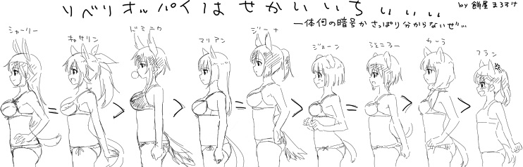 anger_vein animal_ears bra breasts bunny_ears bust_chart carla_j_luksic charlotte_e_yeager check_translation dominica_s_gentile flat_chest francie_gerard geena_preddy greyscale jane_t_godfrey jennifer_j_deblanc katharine_ohare large_breasts lineart lingerie long_hair marian_e_carl mochiya_marosuke monochrome multiple_girls noble_witches panties side-tie_panties strike_witches translation_request twintails underwear underwear_only wings world_witches_series