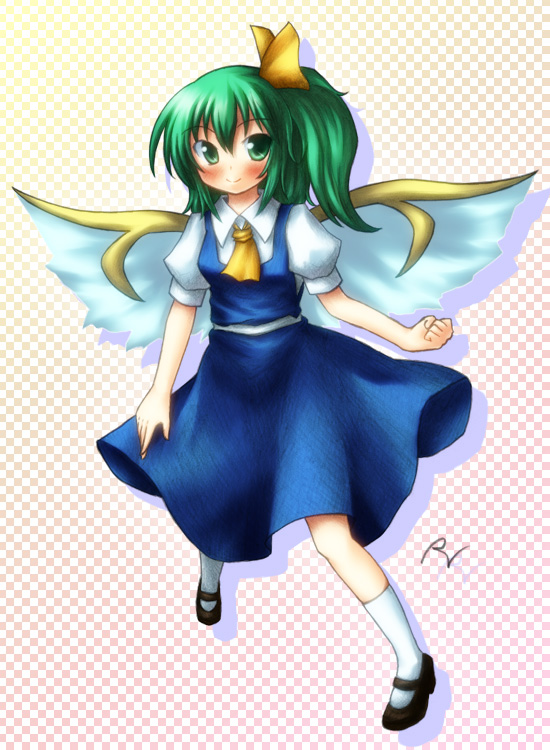 blush bow daiyousei fairy_wings green_eyes green_hair hair_bow side_ponytail solo touhou wings yuran_(kuen-hien)
