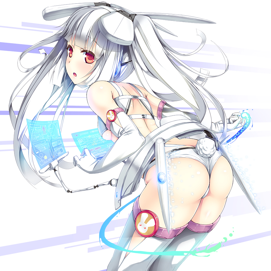 ass back breasts brown_eyes bunny_tail elbow_gloves gloves holographic_interface long_hair looking_back original panties peragura robot_ears small_breasts solo tail thighhighs twintails underboob underwear white_hair white_panties