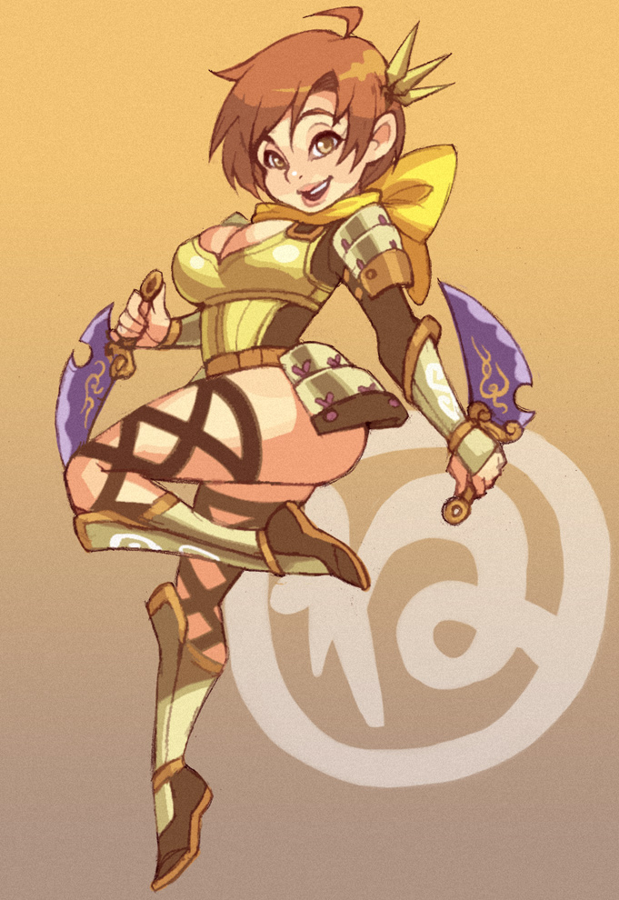 ahoge armor bad_id bad_pixiv_id breasts brown_eyes brown_hair cleavage dagger dual_wielding faux_traditional_media greaves holding large_breasts leotard lips maou_alba nene_(sengoku_musou) reverse_grip ribbon scarf sengoku_musou smile solo thigh_ribbon weapon yellow_leotard