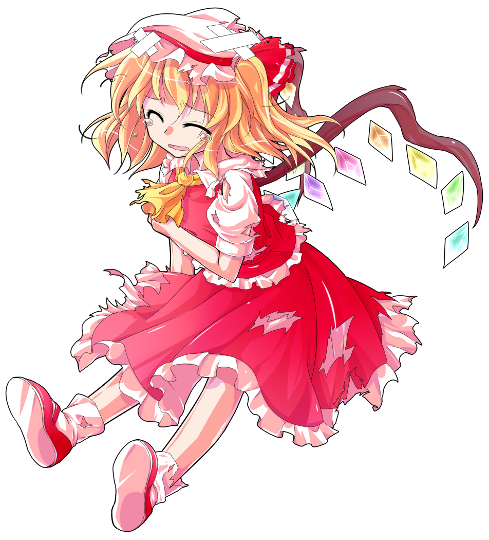 alphes_(style) ascot blonde_hair broken closed_eyes crying crystal dairi flandre_scarlet frilled_skirt frills hat hat_ribbon image_sample md5_mismatch mob_cap open_mouth parody pixiv_sample ponytail puffy_sleeves ribbon shirt shoes short_hair short_sleeves side_ponytail simple_background sitting skirt socks solo style_parody tears torn_clothes torn_shirt torn_skirt touhou vest white_background white_legwear white_shirt wings