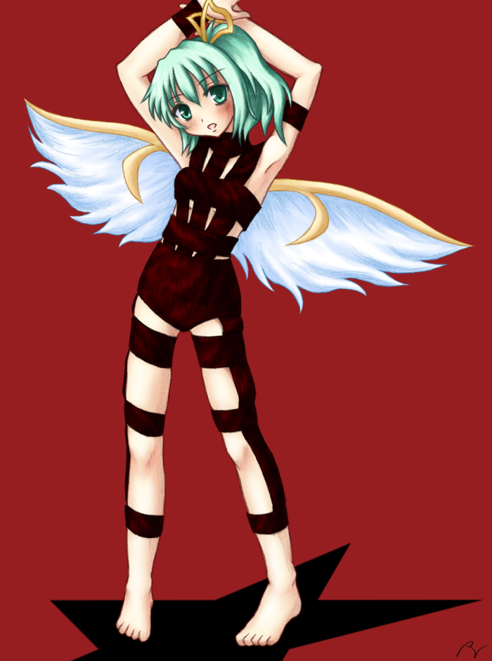 alternate_costume armpits arms_up breasts daiyousei fairy_wings green_eyes green_hair small_breasts solo touhou underboob wings yuran_(kuen-hien)