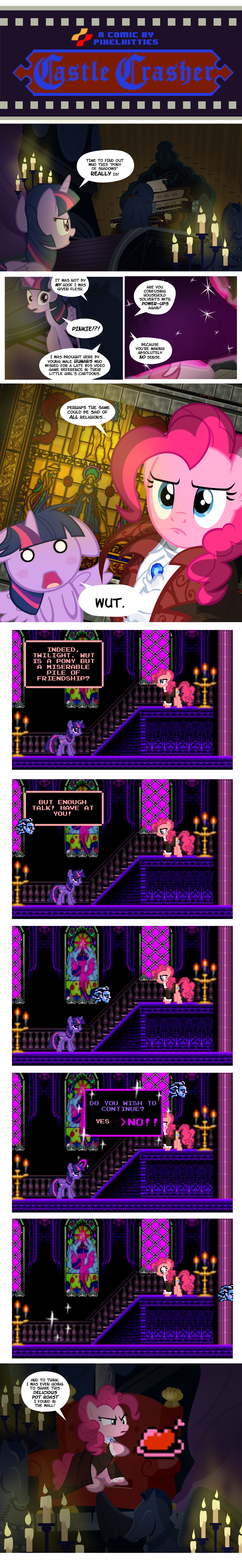 2013 blue_eyes candle candlestick cape castlevania chair clothed clothing comic cutie_mark dialog duo english_text equine female friendship_is_magic gem glowing hair horn horse levitation magic mammal my_little_pony organ pink_hair pinkie_pie_(mlp) pixelkitties pony pot_roast purple_eyes purple_hair sculpture sitting sparkles stained_glass statue suit text throne twilight_sparkle_(mlp) winged_unicorn wings