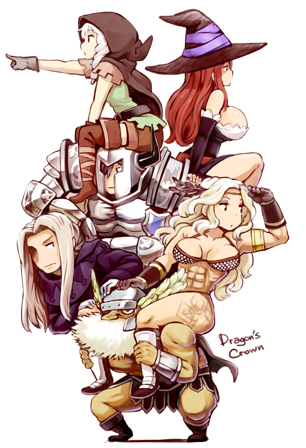 3girls abs amazon_(dragon's_crown) armor bare_shoulders beard blonde_hair boots braid breasts brown_eyes brown_hair carrying cleavage detached_sleeves dragon's_crown dwarf dwarf_(dragon's_crown) elf elf_(dragon's_crown) facial_hair fighter_(dragon's_crown) gloves hair_over_one_eye hat helmet highres hood huge_breasts large_breasts long_hair multiple_boys multiple_girls muscle muscular_female nagian open_mouth piggyback pointing pointy_ears shorts sorceress_(dragon's_crown) sweatdrop thigh_boots thighhighs twin_braids white_background white_hair winged_helmet witch_hat wizard_(dragon's_crown)