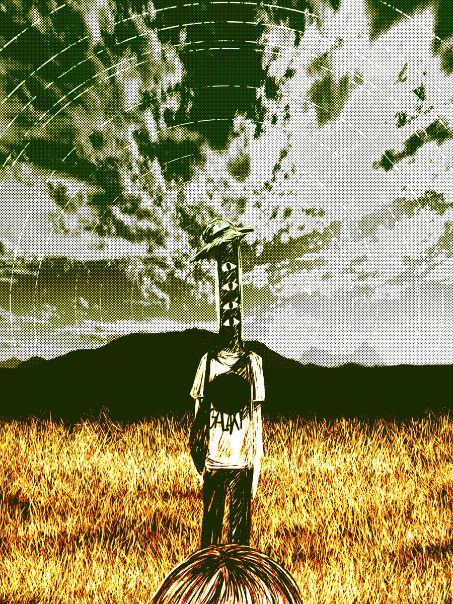cloud field halftone halftone_background hat highres looking_at_viewer meola mountain onodera_punpun outdoors oyasumi_punpun pants plant scenery shirt sky solo spoilers standing straw_hat t-shirt wheat wheat_field wide_shot