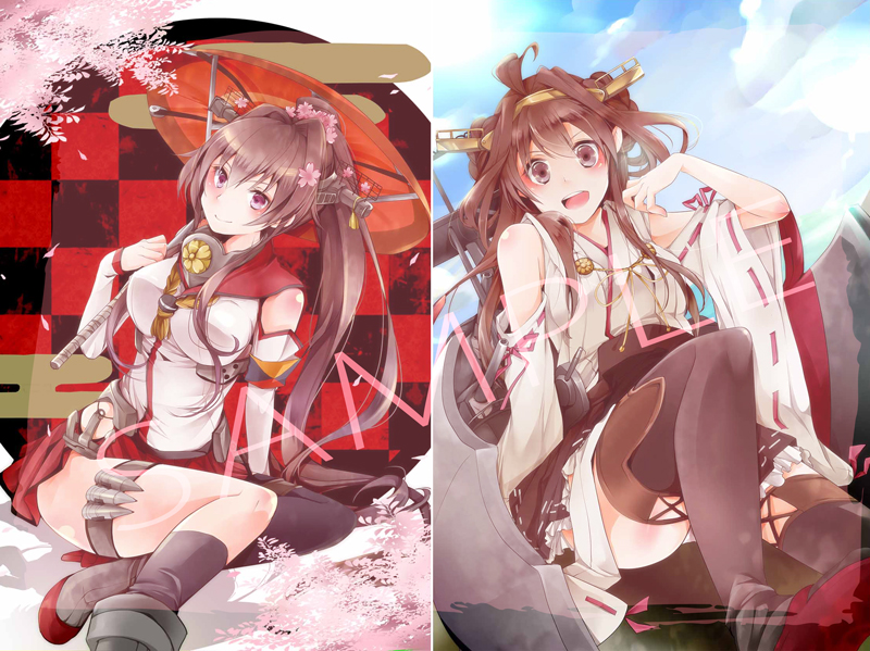 ahoge akatsuki_hijiri bare_shoulders boots breasts brown_eyes brown_hair cherry_blossoms detached_sleeves double_bun flower hair_flower hair_ornament hairband japanese_clothes kantai_collection kongou_(kantai_collection) large_breasts long_hair looking_at_viewer miniskirt nontraditional_miko open_mouth oriental_umbrella ponytail skirt smile thigh_boots thighhighs umbrella very_long_hair watermark yamato_(kantai_collection)
