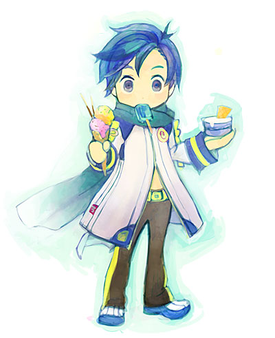 blue_eyes blue_hair chibi cloak eating food ice_cream kaito lowres male_focus mouth_hold na2 scarf simple_background solo standing vocaloid
