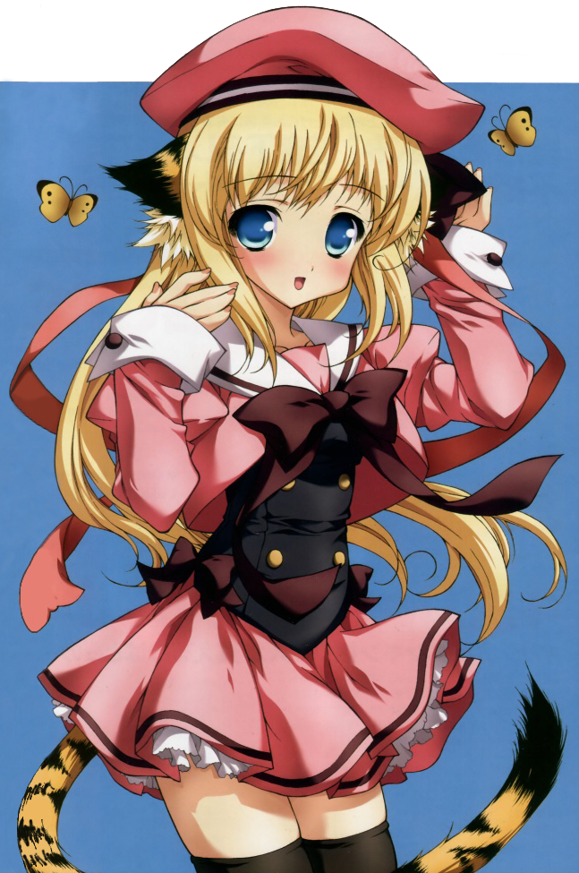 animal_ears artist_request beret blonde_hair blue_eyes bug butterfly cat_ears cat_tail copyright_request frills hat insect long_hair non-web_source school_uniform serafuku solo tail thighhighs
