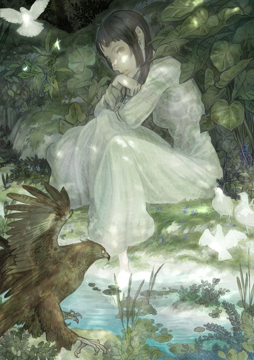 animal barefoot bird brown_hair dove eagle lily_pad long_hair mono na2 nature outdoors plant shadow_of_the_colossus sitting soaking_feet solo water