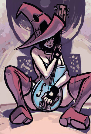 alex_ahad bass_guitar black_hair boots breasts cleavage collar convenient_censoring fingerless_gloves gloves guilty_gear hair_over_one_eye hat i-no instrument large_breasts lowres nude platform_footwear short_hair sitting solo spread_legs thigh_boots thighhighs witch_hat