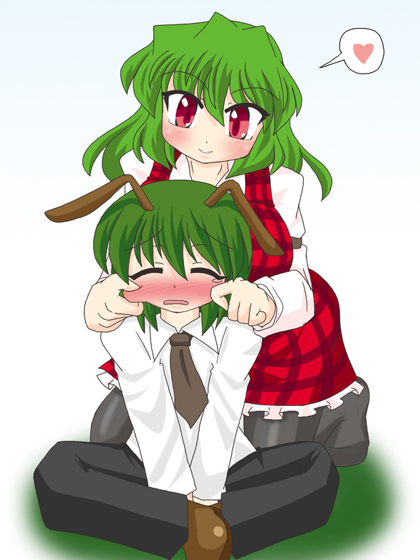 akasode_(tyaramu) antennae black_legwear blush cheek_pinching closed_eyes face_stretching green_eyes green_hair heart kazami_yuuka multiple_girls necktie pantyhose pinching plaid plaid_skirt plaid_vest red_eyes short_hair skirt skirt_set spoken_heart tears touhou vest wriggle_nightbug