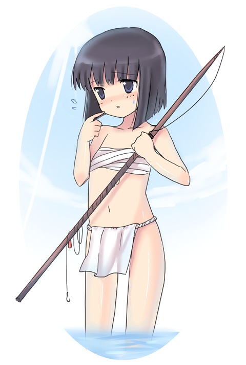 bad_id bad_pixiv_id black_hair blush bokurano child fishing_rod flat_chest fundoshi japanese_clothes machi_youko sarashi short_hair solo teu_(navy)