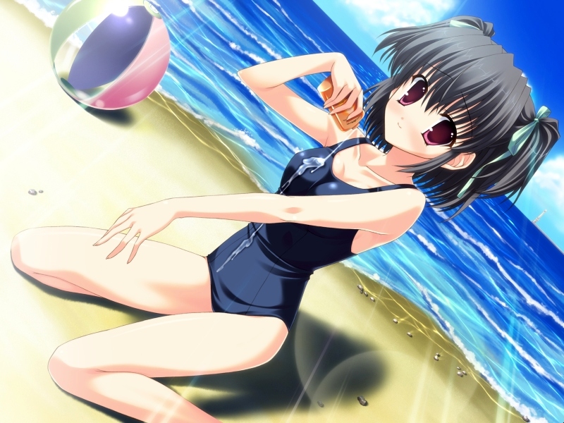 ball beach beachball black_hair clear day dutch_angle game_cg kneeling lotion mitha non-web_source one-piece_swimsuit red_eyes school_swimsuit short_hair solo sunscreen swimsuit twintails yukino_natsuki