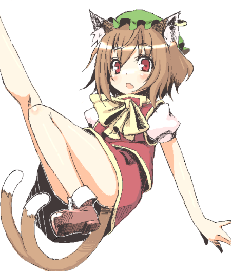 animal_ears brown_hair cat_ears cat_tail chen convenient_leg fang hat hiraga_matsuri jewelry leg_lift multiple_tails open_mouth red_eyes ribbon short_hair single_earring solo tail touhou