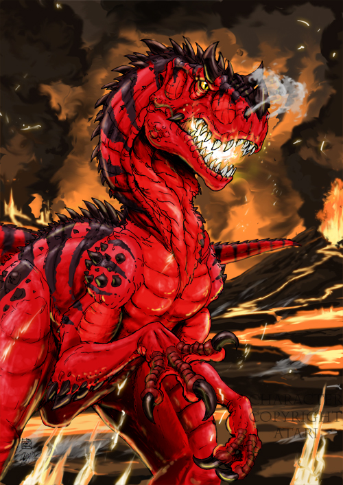 diablo dinosaur fire lava outside primal_rage scalie solo theropod warm_colors watermark