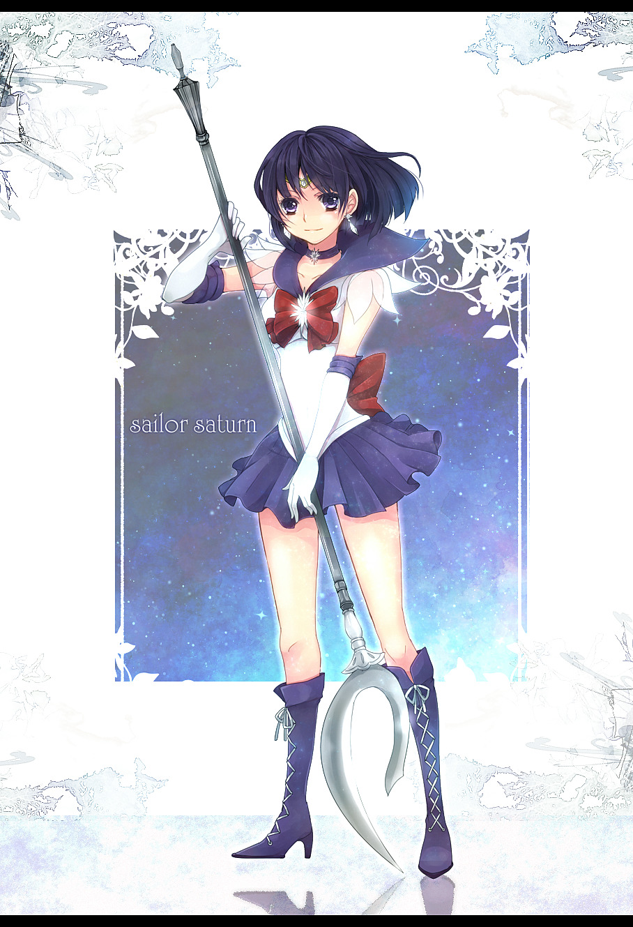 albatross_m back_bow bishoujo_senshi_sailor_moon black_hair boots bow character_name choker cross-laced_footwear crystal earrings elbow_gloves full_body gloves high_heel_boots high_heels highres holding holding_spear holding_weapon jewelry knee_boots letterboxed pleated_skirt polearm purple_eyes purple_footwear purple_sailor_collar purple_skirt red_bow sailor_collar sailor_saturn sailor_senshi_uniform short_hair silence_glaive skirt solo spear standing star star_choker tomoe_hotaru weapon white_gloves