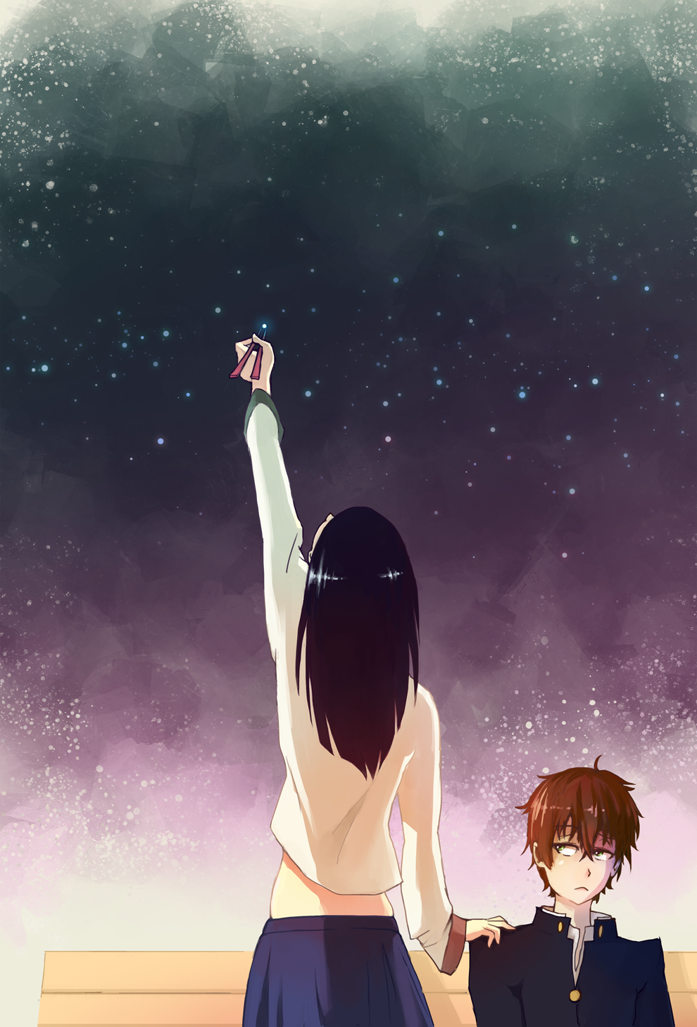 1girl bad_id bad_pixiv_id black_hair brown_hair chitanda_eru chopsticks gakuran highres hyouka long_hair night night_sky oreki_houtarou rtil school_uniform sky star_(sky) starry_sky sweater