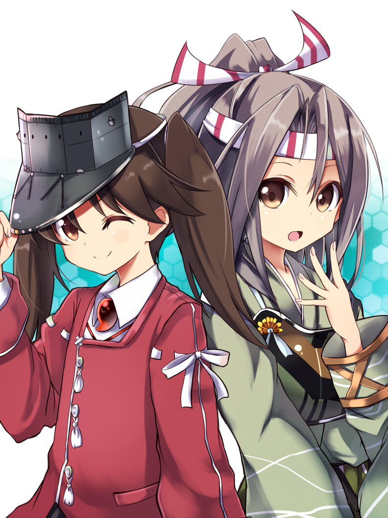 ;) amano_kouki bangs brown_eyes brown_hair commentary hair_between_eyes hand_on_headwear hand_up headband honeycomb_(pattern) honeycomb_background japanese_clothes kantai_collection long_hair long_sleeves looking_at_viewer magatama multiple_girls muneate one_eye_closed open_mouth ponytail ryuujou_(kantai_collection) smile striped twintails upper_body vertical_stripes visor_cap wide_sleeves zuihou_(kantai_collection)